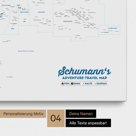 Australien-Karte als Leinwand zum Pinnen in Farbe Blau mit Personalisierung in Form eines Logos für Familiennamen