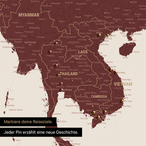 Detail einer Südost-Asien-Karte als Pinn-Leinand in Farbe Bordeaux Rot mit Kartenausschnitt von Thailand, Vietnam und Myanmar