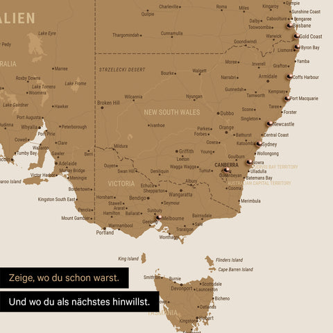 Ausschnitt einer Landkarte von Australien in Farbe Bronze mit Pins zur Markierung von besuchten Reisezielen