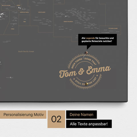 Personalisierte Australien-Karte als Pinn-Leinwand in Farbe Dunkelgrau mit eingedruckten Namen und einer Legende zur Markierung von besuchten Orten