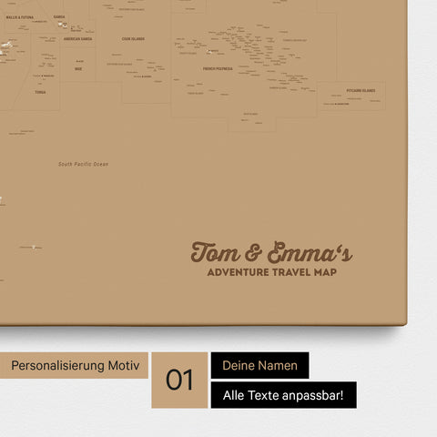 Australien-Karte Pinn-Leinwand in Farbe Treasure Gold mit personalisiertem Text