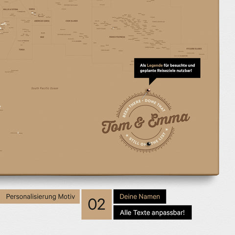 Personalisierte Australien-Karte als Pinn-Leinwand in Farbe Treasure Gold mit eingedruckten Namen und einer Legende zur Markierung von besuchten Orten