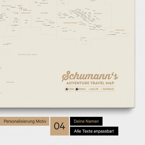 Australien-Karte als Leinwand zum Pinnen in Farbe Gold mit Personalisierung in Form eines Logos für Familiennamen
