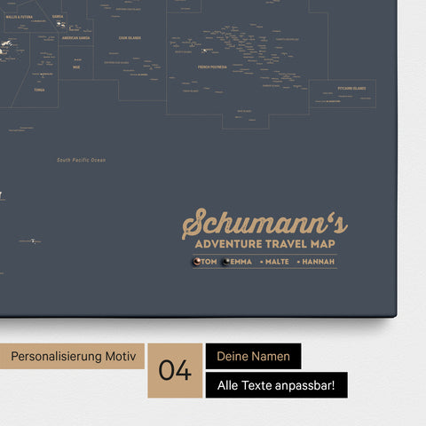 Australien-Karte als Leinwand zum Pinnen in Farbe Hale Navy (Dunkelblau Gold) mit Personalisierung in Form eines Logos für Familiennamen