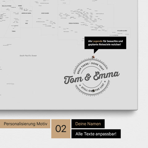 Personalisierte Australien-Karte als Pinn-Leinwand in Farbe Hellgrau mit eingedruckten Namen und einer Legende zur Markierung von besuchten Orten