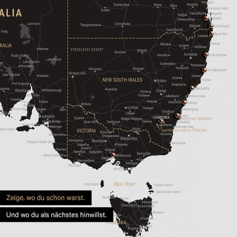 Ausschnitt einer Landkarte von Australien in Farbe Light Black mit Pins zur Markierung von besuchten Reisezielen