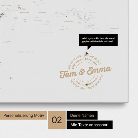 Personalisierte Australien-Karte als Pinn-Leinwand in Farbe Light Gray mit eingedruckten Namen und einer Legende zur Markierung von besuchten Orten