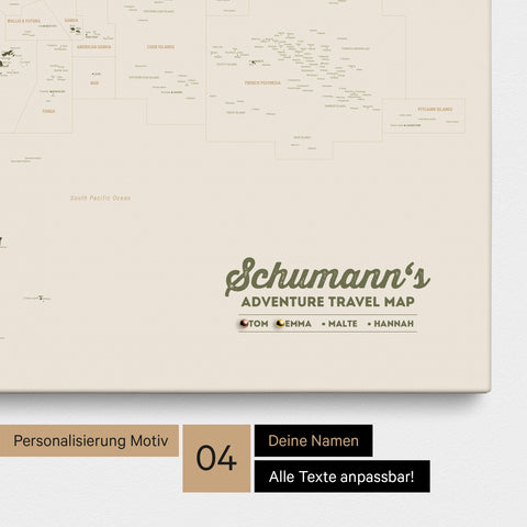 Australien-Karte als Leinwand zum Pinnen in Farbe Olive Green mit Personalisierung in Form eines Logos für Familiennamen