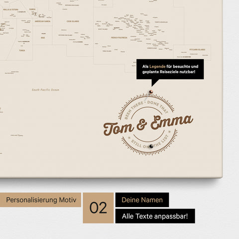 Personalisierte Australien-Karte als Pinn-Leinwand in Farbe Bronze mit eingedruckten Namen und einer Legende zur Markierung von besuchten Orten