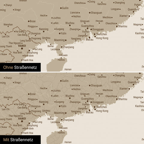 Vergleich einer Australien-Karte in Farbe Bronze mit und ohne Straßennetz