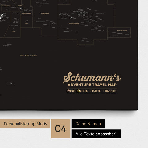 Australien-Karte als Leinwand zum Pinnen in Farbe Schwarz-Weiß mit Personalisierung in Form eines Logos für Familiennamen