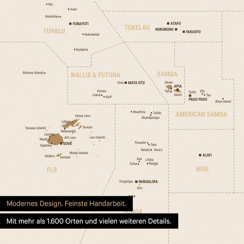 Ausschnitt einer Ozeanien-Landkarte als Poster mit Pins zur Markierung von besuchten Reisezielen in der Südsee