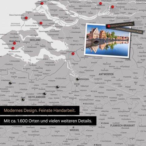 Benelux-Landkarte in Coolgray als Leinwand zum Pinnen zeigt einen Ausschnitt von Seeland, Ostflandern und Antwerpen mit vielen Details wie Nationalparks, Flüssen und zahlreichen kleinen Orten und Städten, die teilweise mit Pins markiert sind