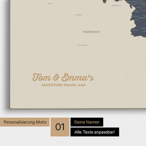 Landkarte von Niederlande, Belgien und Luxemburg als Pinnwand Leinwand in Navy Light mit Personalisierung und Namen in einer modernen Schreibschrift