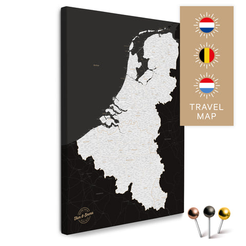 Benelux map with the Netherlands, Belgium, and Luxembourg in black and white in a modern, minimalist design as a canvas for pinning trips and places