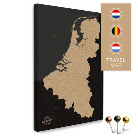 Benelux map with the Netherlands, Belgium, and Luxembourg in the color Sonar Black in a modern, minimalist design as a canvas for pinning trips and places