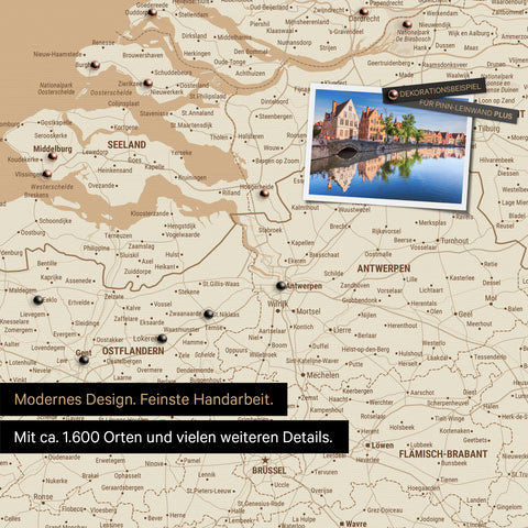 Benelux map in Treasure Gold as a canvas for pinning shows a section of Zealand, East Flanders, and Antwerp with many details such as national parks, rivers, and numerous small towns and cities, some of which are marked with pins