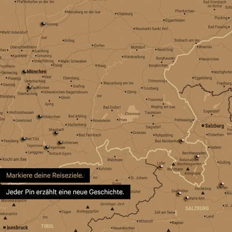 Detail einer DACH-Karte als Pinn-Leinwand in Bronze mit Pins in Deutschland, Österreich und Schweiz