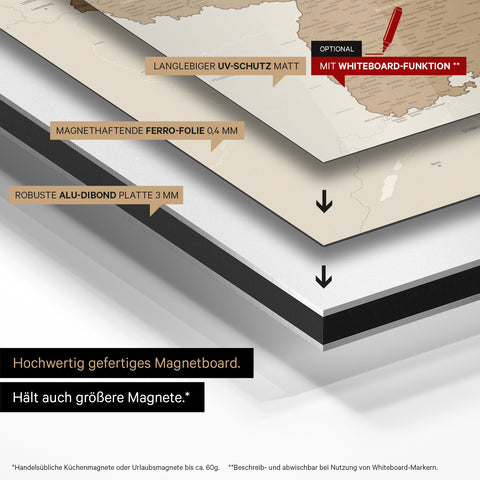Konstruktionsweise unseres DACH-Karte Magneboards: Alu-Dibond-Tafel, beklebt mit magnethaftender Ferro-Folie und mit UV-Schutz kaschiert