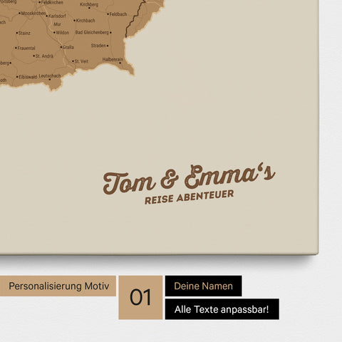 DACH-Karte als Pinnwand Leinwand in Bronze mit Personalisierung und Eindruck mit deinem Namen