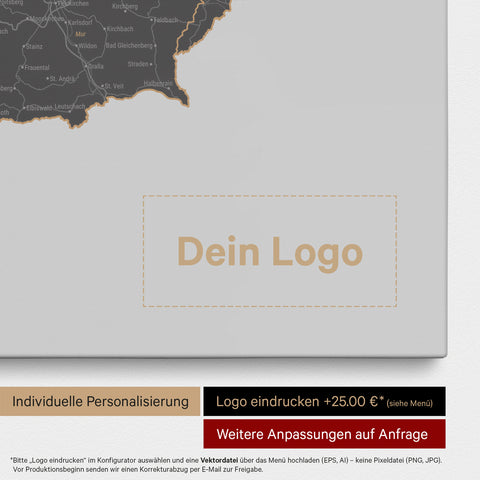 DACH-Karte als Pinn-Leinwand in Light Gray mit Eindruck eines Firmenlogos