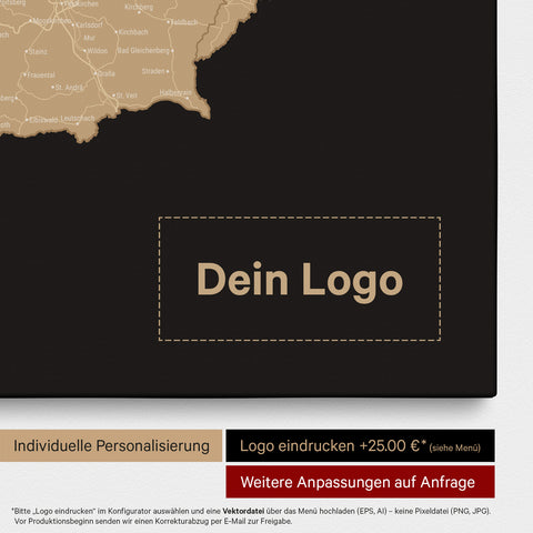 DACH-Karte als Pinn-Leinwand in Sonar Black (Schwarz-Gold) mit Eindruck eines Firmenlogos