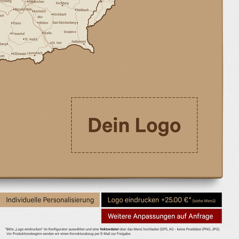 DACH-Karte als Pinn-Leinwand in Treasure Gold mit Eindruck eines Firmenlogos