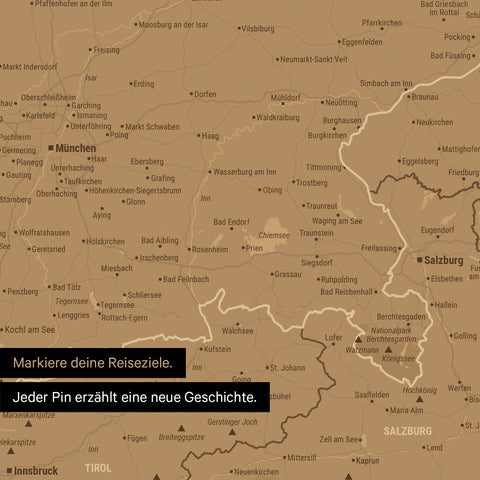 Detail einer DACH-Karte als Poster mit Kartenausschnitt von Bayern und Salzburg