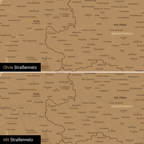 Vergleich einer DACH-Karte mit und ohne Straßennetz