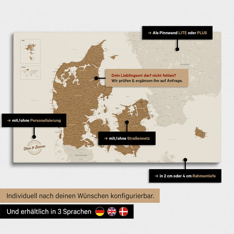 Diverse configuration options for a Denmark map as a bronze Push Pin Map