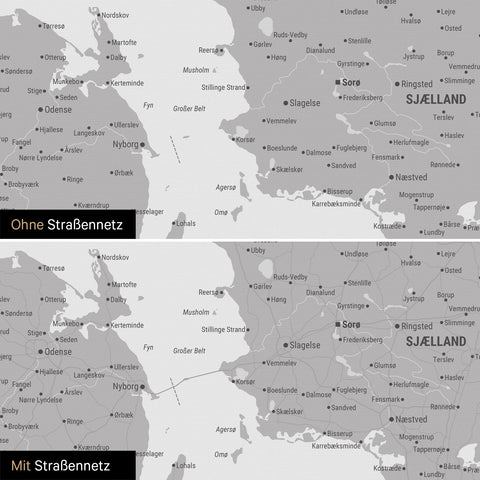 Denmark map Push Pin Map in Cool Gray with an optional printed road network of highways and country roads