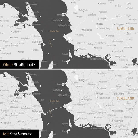 Denmark Map Push Pin Map in Dark Gray with optional printed road network of motorways and country roads