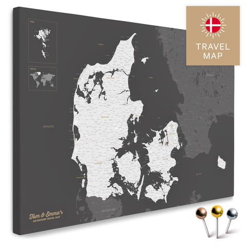 Buy a dark gray Denmark map Push Pin Map with a very high level of detail for marking places and travel destinations