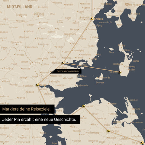 Detailed map of Denmark as a pinboard canvas in Hale Navy, with travel destinations in Central Jutland marked with pins and a travel route depicted with string