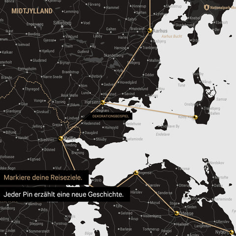 Detailed map of Denmark as a Light Black pinboard canvas, with travel destinations in Central Jutland marked with pins and a travel route depicted with yarn