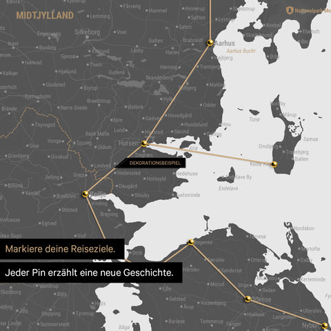 Detailed map of Denmark as a Light Gray pinboard canvas, with travel destinations in Central Jutland marked with pins and a travel route depicted with yarn