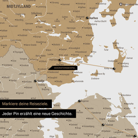 Detailed map of Denmark as a pinboard canvas in Multicolor Beige, featuring travel destinations in Midtjylland marked with pins and a travel route depicted with string