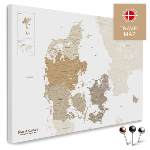 Buy a multicolor beige Denmark map Push Pin Map with a very high level of detail for marking places and travel destinations