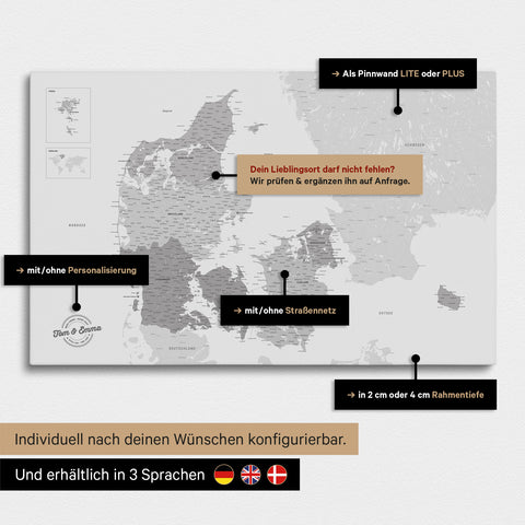 Diverse configuration options for a Denmark map as a Push Pin Map in Multicolor Gray