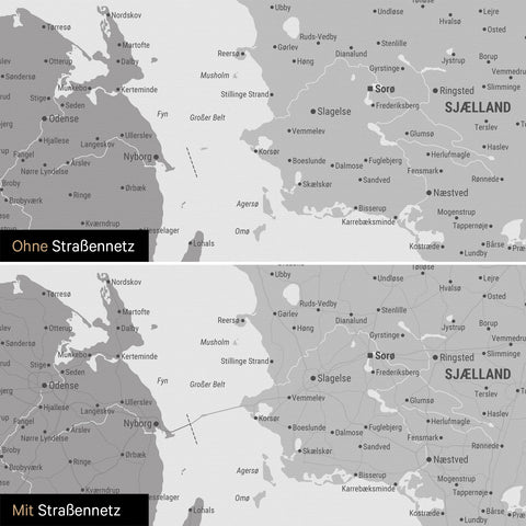 Denmark Map Push Pin Map in Multicolor Gray with an optional printed road network of motorways and country roads