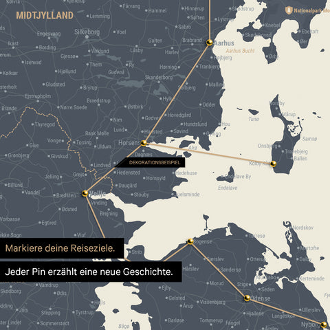 Detailed map of Denmark as a Navy Light pinboard canvas, featuring travel destinations in Central Jutland marked with pins and a travel route depicted with string