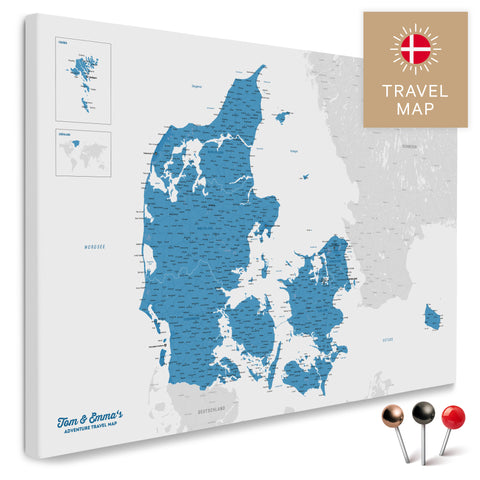 Buy a blue Denmark map Push Pin Map with a very high level of detail for marking places and travel destinations