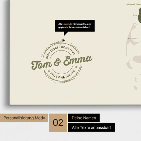 Personalized Denmark map as a Push Pin Map in Olive Green with printed names and a legend for marking visited places