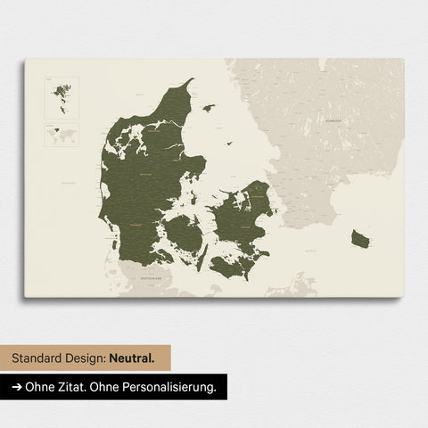 Neutral Version of a Denmark Map as a Push Pin Map in Olive Green