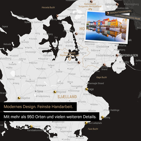 Close-up of a black-and-white Denmark Push Pin Map showing travel destinations around Copenhagen marked with pins