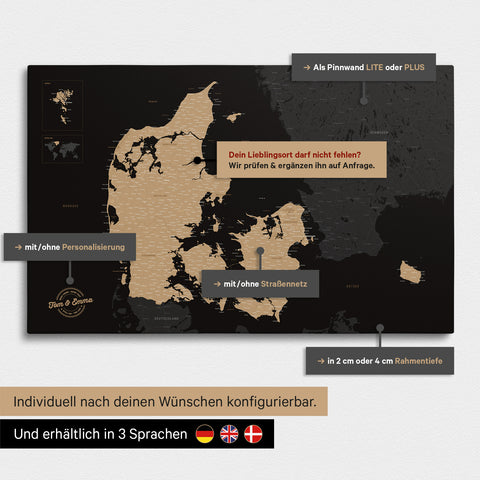 Diverse configuration options for a Denmark map as a Push Pin Map in Sonar Black