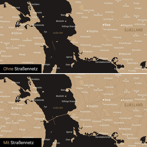 Denmark Map Push Pin Map in Sonar Black with optional printed road network of motorways and country roads