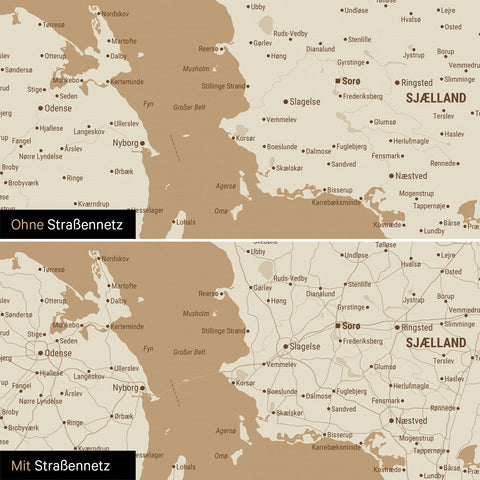 Denmark Map Push Pin Map in Treasure Gold with optional printed road network of highways and country roads