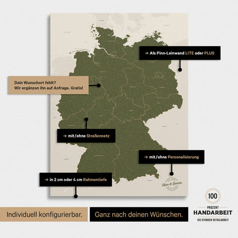 Vielfältige Konfigurationsmöglichkeiten einer Deutschland-Karte als Pinn-Leinwand in Olive Green