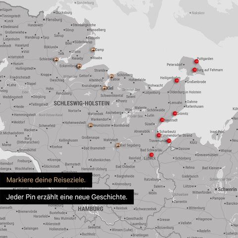 Detail einer Deutschland-Karte als Pinn-Leinand in Hellgrau mit Pins in Schleswig-Holstein